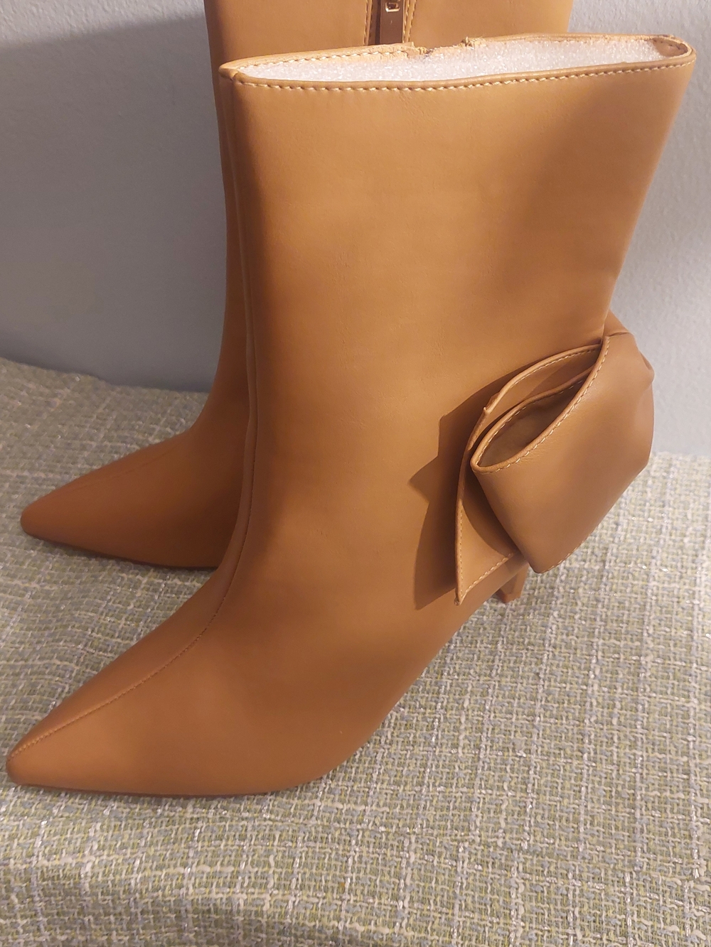 Pointed Toe Mid-Calf Heeled Boots with Decorative Side Bow in Camel - Picture 6 of 6